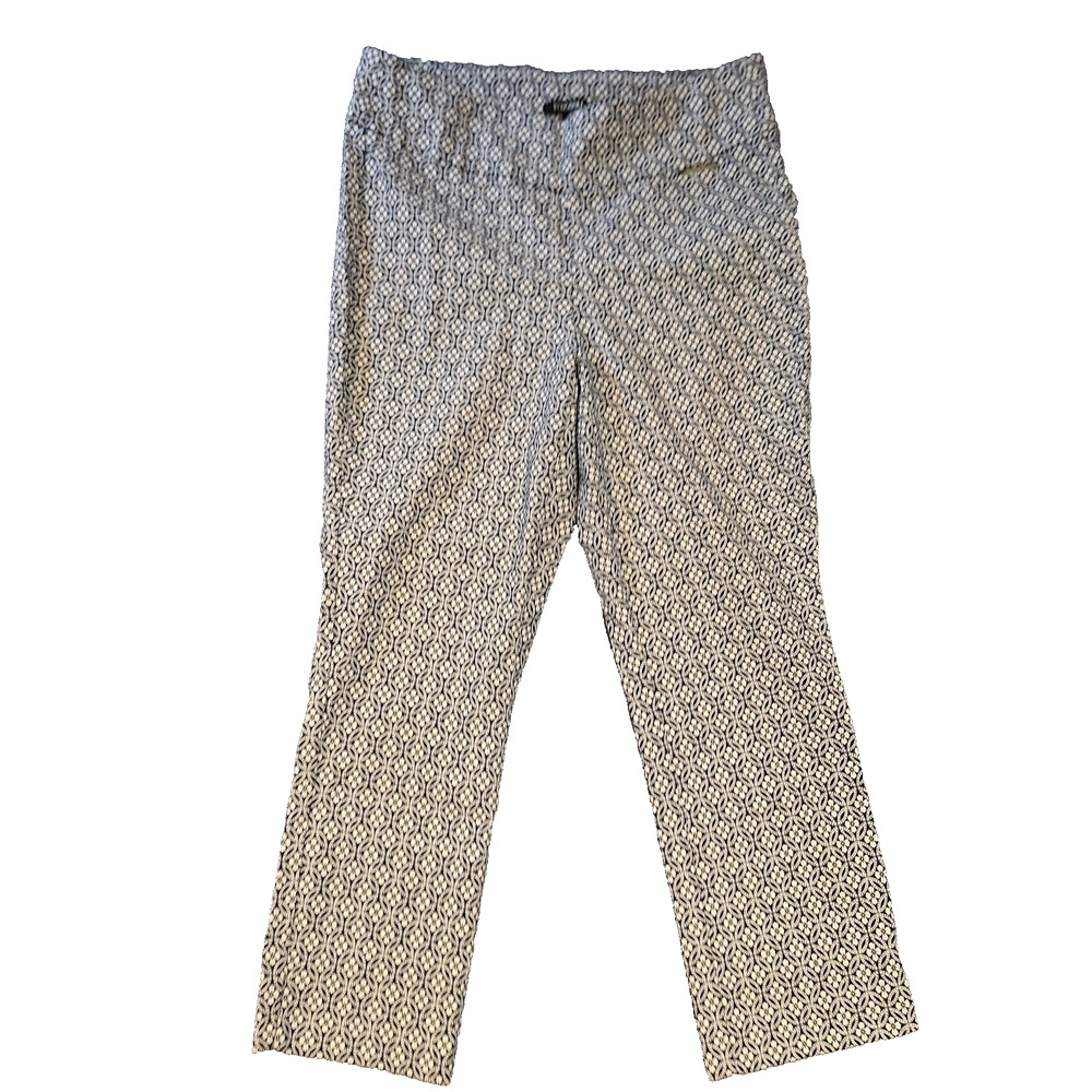 Roz &Ali Size 12 Blue White Floral Print Cropped Ankle Pants Casual Workwear